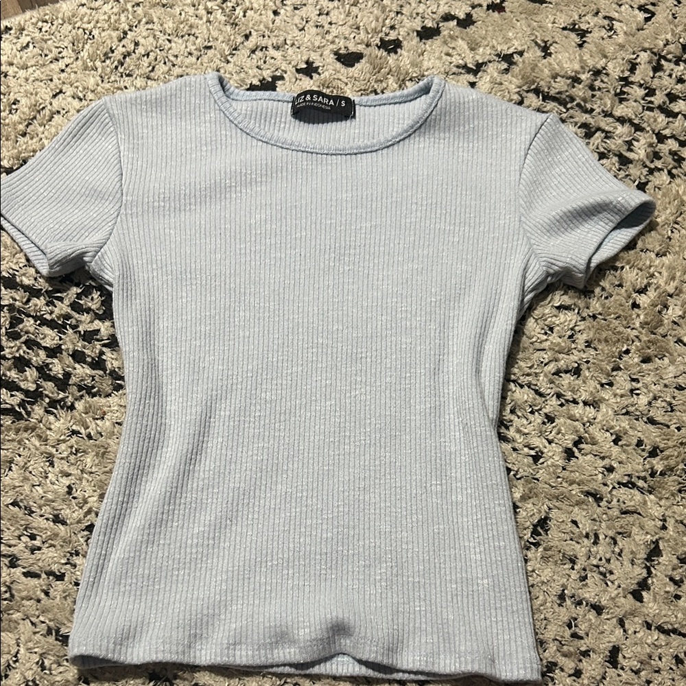 Zara Women's Light Blue Ribbed Short Sleeve Top